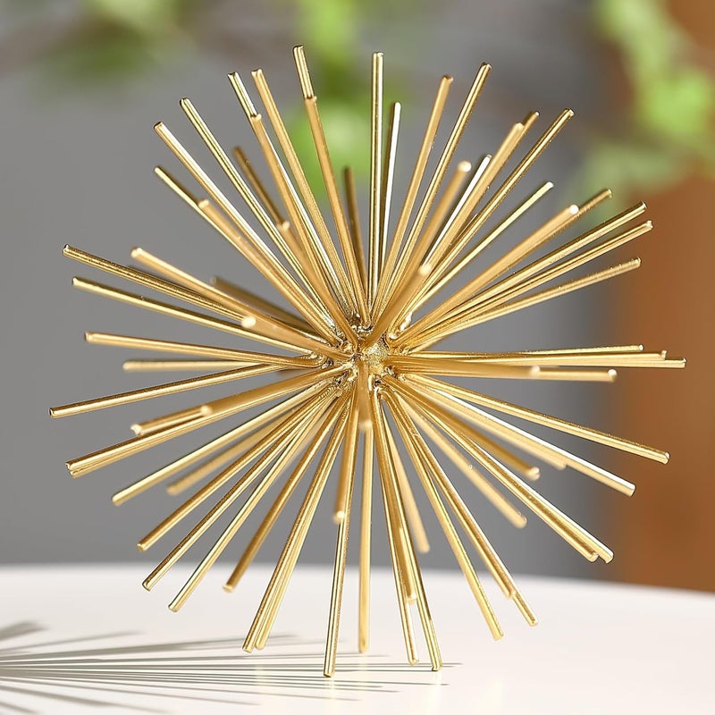 Mocome Metal Decorative Starburst Ball, 6 Inch Gold Sphere Decor, Spiky Star Burst Tabletop Sculpture, Mid-Century Modern Metal Spike Ball for Home, Living Room, Office & Shelf Decor - Image 1